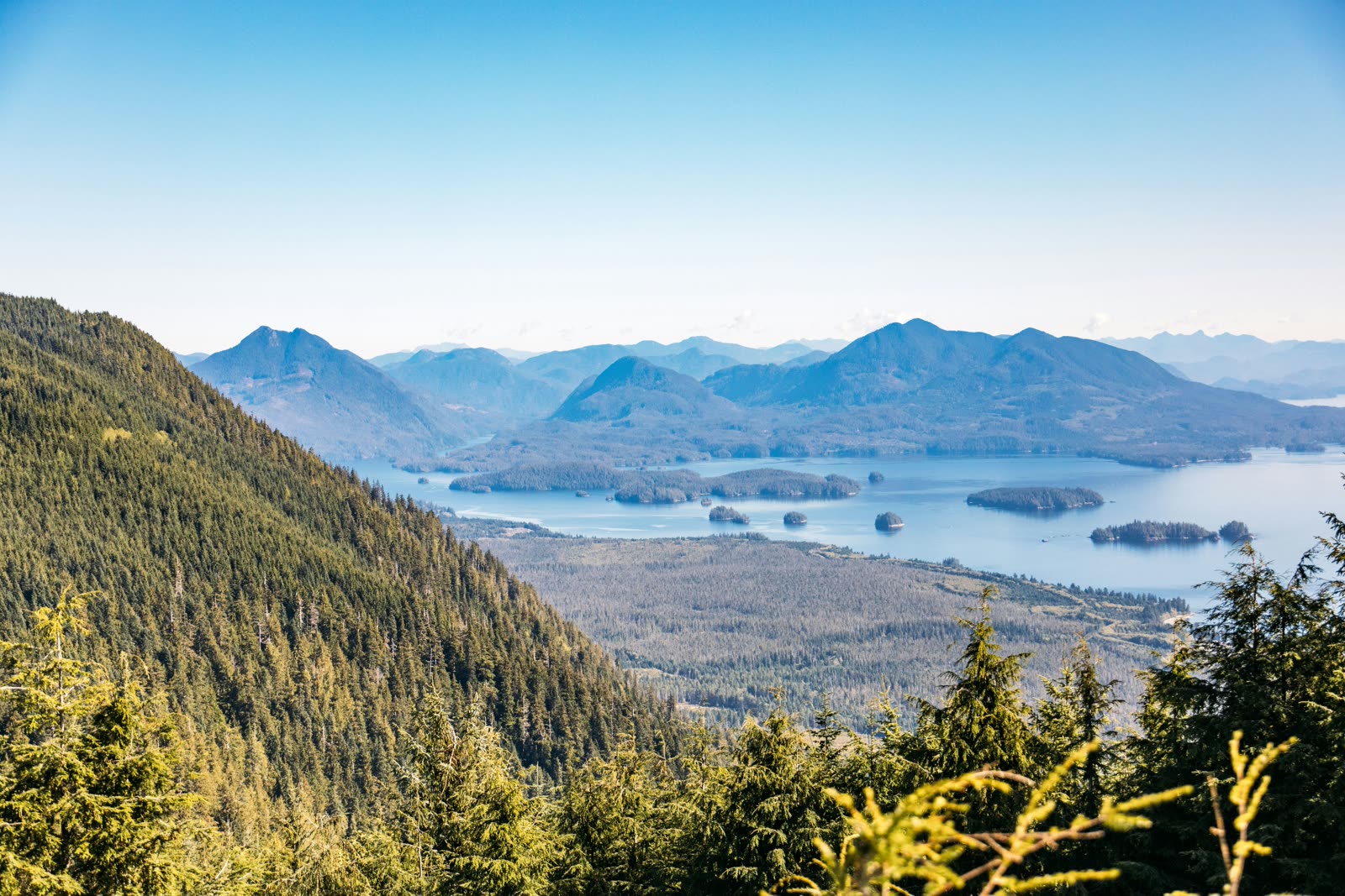 Forested mountains and islands on Vancouver Island, BC